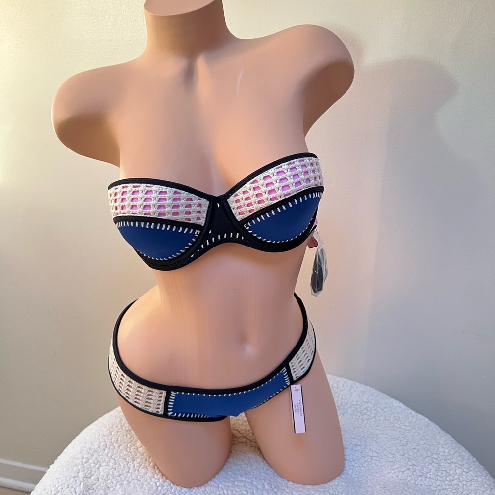 Victoria's Secret Blue Violet Crochet Swim Bandeau Top and Bikini Set Suit 34C M